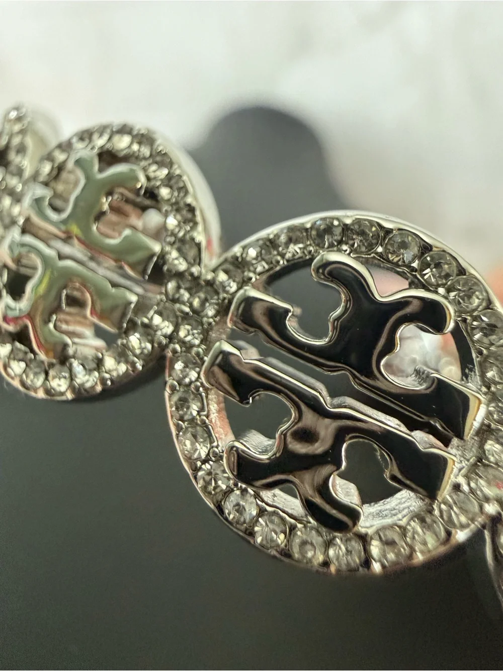 Tory Burch | Silver Crystal Medallion Logo Cuff Bracelet | Medium